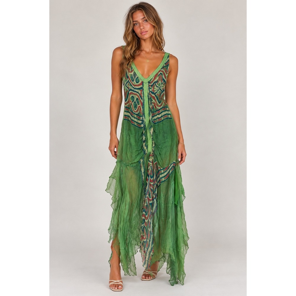 RARE Vintage Green Rayon Hand Printed Batik Handkerchief Hem Maxi Dress Size S